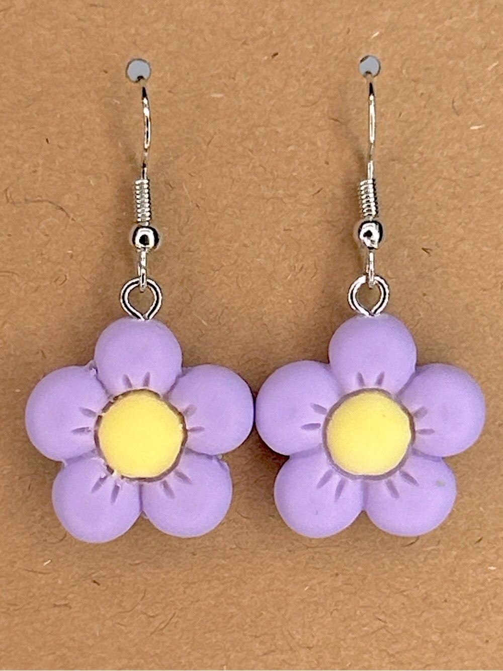 Lavender Flower Dangle Earrings with Yellow Center Fashion Jewelry - Picture 1 of 3